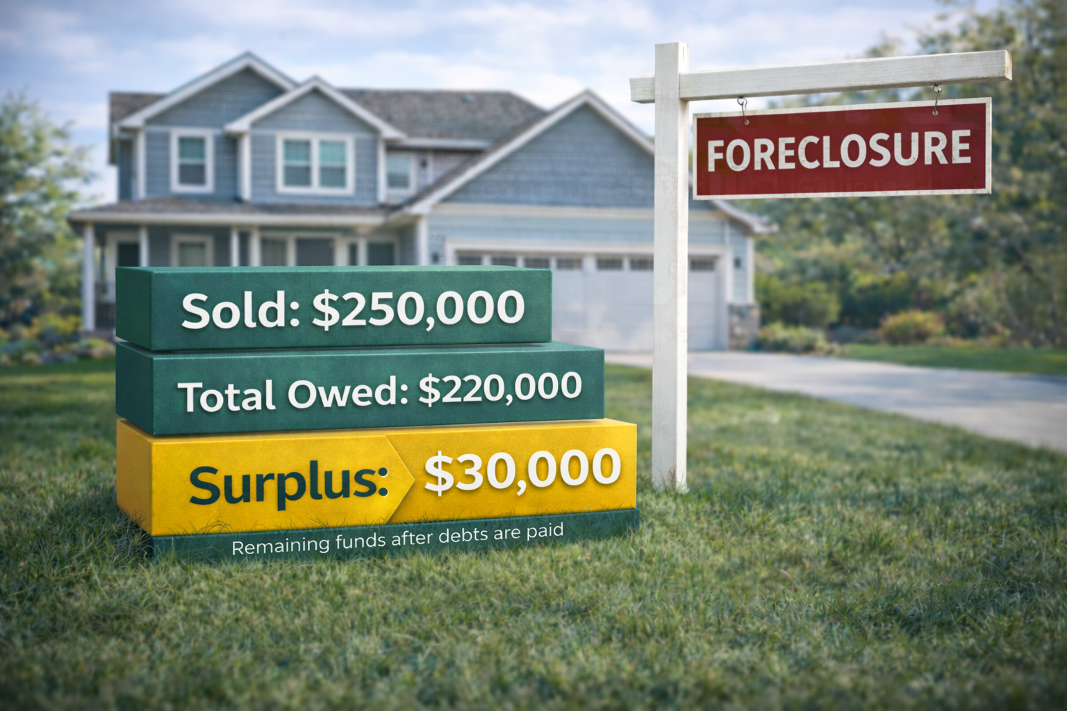 Foreclosure surplus funds example showing sale price, owed balance, and remaining Surplus Funds